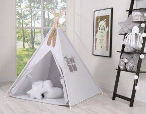 Bobono Namiot TIPI dla dzieci + mata + poduszki + zawieszki pióra - szary 7