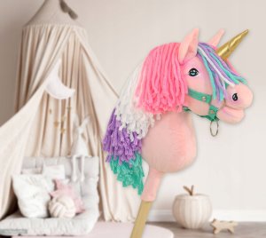 LeanToys Jednorożec na kiju mały różowy z kolorową grzywą i złotym rogiem 7