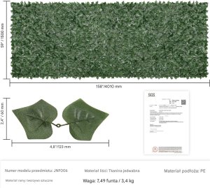 Vevor Sztuczny Żywopłot 1500 x 4000 mm Mata Osłonowa z Liśćmi Bluszczu 2