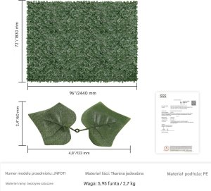 Sztuczny Żywopłot 1830 x 2440 mm Mata Osłonowa z Liśćmi Bluszczu 2