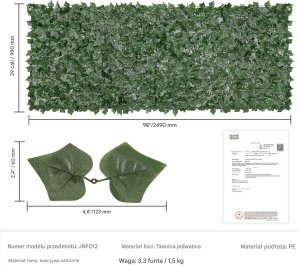 Sztuczny Żywopłot 990 x 2490 mm Mata Osłonowa z Liśćmi Bluszczu 2