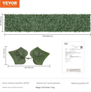 Sztuczny Żywopłot 990 x 5020 mm Mata Osłonowa z Liśćmi Bluszczu 2