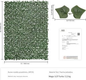 Sztuczny Żywopłot 2440 x 1830 mm Mata Osłonowa z Liśćmi Bluszczu 2