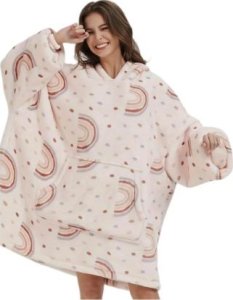 Bluza pluszowa z kapturem różowa koc oversize ciepła wzór tęcza 1