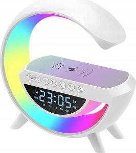 Inteligentna lampa LED RGB z ładowarką indukcyjną, wyświetlacz LCD, głośnik Bluetooth, Radio FM, USB,TF,AUX, zegar, alarm, akumlator 2