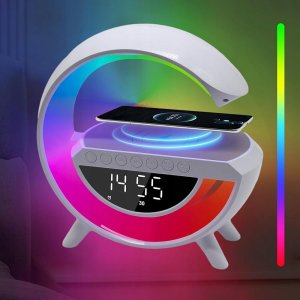 Inteligentna lampa LED RGB z ładowarką indukcyjną, wyświetlacz LCD, głośnik Bluetooth, Radio FM, USB,TF,AUX, zegar, alarm, akumlator 3