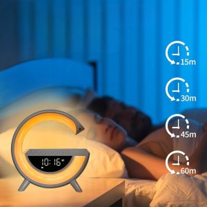 Inteligentna lampa LED RGB z ładowarką indukcyjną, wyświetlacz LCD, głośnik Bluetooth, Radio FM, USB,TF,AUX, zegar, alarm, akumlator 4