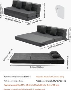Sofa rozkładana 3 w 1 składana kanapa z poduszkami ciemnoszara 2