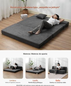 Sofa rozkładana 3 w 1 składana kanapa z poduszkami ciemnoszara 5