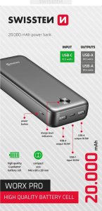 SWISSTEN, Powerbank, WORX PRO, Li-Pol, 5/9/12V, do �adowania telefon�w i innych urz�dze�, 22013961, 20000mAh, czarna 1