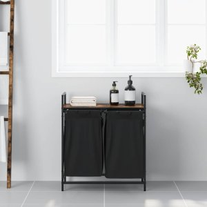 vidaXL Kosz na pranie 2 przegrody z półką, przydymiony dąb 3