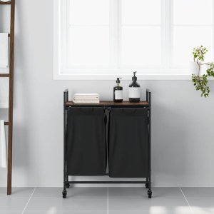 Kosz na pranie vidaXL Kosz na pranie 2 przegrody z kółkami, brązowy dąb 3