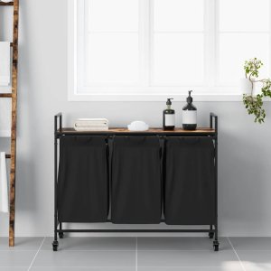 vidaXL Kosz na pranie 3 przegrody z kółkami, przydymiony dąb 3