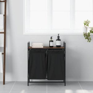 Kosz na pranie 2 przegrody z półką, brązowy dąb 3