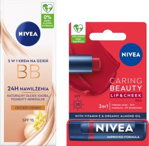 NIVEA Krem BB do twarzy ciemny 50ml + Pomadka ochronna do ust czerwona 4,8g 1