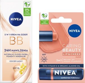 NIVEA Krem BB do twarzy jasny 50ml + Pomadka ochronna do ust Nude 4,8g 1