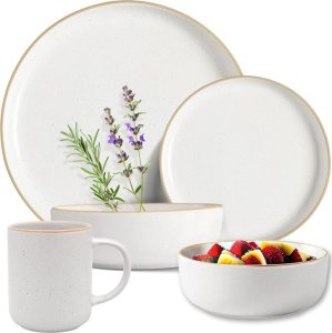 Serwis obiadowy porcelanowy MG Home Artena 28 elementów zestaw talerzy misek kubków dla 6 osób biały nakrapiany 1
