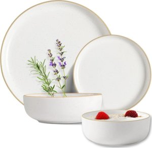 Serwis obiadowy porcelanowy MG Home Artena 22 elementy zestaw talerzy misek dla 6 osób biały nakrapiany 1