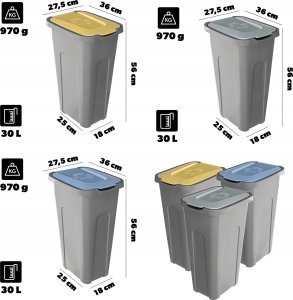 KADAX Kosze Na Śmieci Pojemnik Na Odpady 30L Do Segregacji Kubeł Śmietnik 3szt 3
