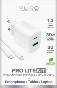 Ładowarka sieciowa Puro PROLITE 30W USB-A / USB-C + kabel USB-C - USB-C 1.2m - biała 2