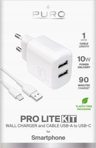Ładowarka sieciowa Puro PROLITE 10W 2x USB-A + kabel USB-A - USB-C 1.2m - biała 2