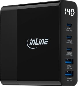 InLine® USB PD Netzteil, GaN Ladegerät, 5-Port, USB-C + USB-A, 140W, mit Display 3