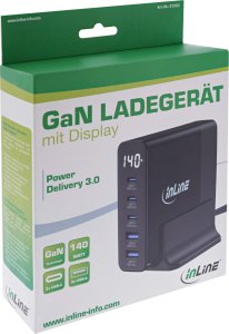InLine® USB PD Netzteil, GaN Ladegerät, 5-Port, USB-C + USB-A, 140W, mit Display 5