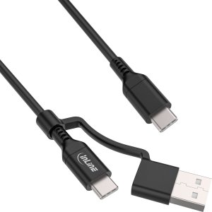 InLine® 2-in-1 USB-C Kabel + USB-A Adapter, USB 2.0, 100W, TPE, schwarz, 1m 1