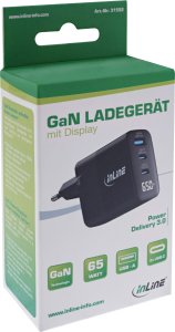 Ładowarka Manhattan InLine® USB PD zasilacz, ładowarka GaN, 3-Port, USB-C + USB-A, 65W, z wyświetlaczem 3