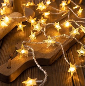 Lampki choinkowe LED snowflake/star -    6m/40 lampek ciepłe białe/warm white zasilane bat. 3xAA EHD-LS05 1