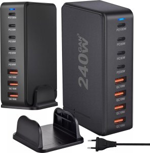 Ładowarka sieciowa 8w1 Ultra Szybka 240W GaN3 4x USB-C 4x USB Alogy Fast Charger Czarna 1