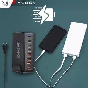 Ładowarka sieciowa 8w1 Ultra Szybka 240W GaN3 4x USB-C 4x USB Alogy Fast Charger Czarna 11
