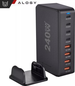 Ładowarka sieciowa 8w1 Ultra Szybka 240W GaN3 4x USB-C 4x USB Alogy Fast Charger Czarna 12