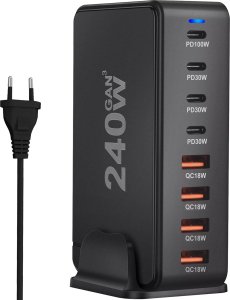Ładowarka sieciowa 8w1 Ultra Szybka 240W GaN3 4x USB-C 4x USB Alogy Fast Charger Czarna 13