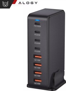 Ładowarka sieciowa 8w1 Ultra Szybka 240W GaN3 4x USB-C 4x USB Alogy Fast Charger Czarna 14