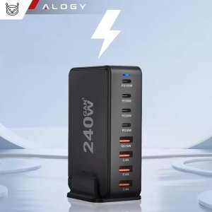 Ładowarka sieciowa 8w1 Ultra Szybka 240W GaN3 4x USB-C 4x USB Alogy Fast Charger Czarna 2