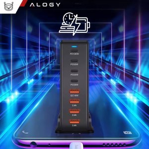 Ładowarka sieciowa 8w1 Ultra Szybka 240W GaN3 4x USB-C 4x USB Alogy Fast Charger Czarna 3