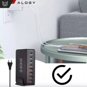 Ładowarka sieciowa 8w1 Ultra Szybka 240W GaN3 4x USB-C 4x USB Alogy Fast Charger Czarna 5