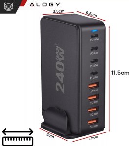 Ładowarka sieciowa 8w1 Ultra Szybka 240W GaN3 4x USB-C 4x USB Alogy Fast Charger Czarna 6