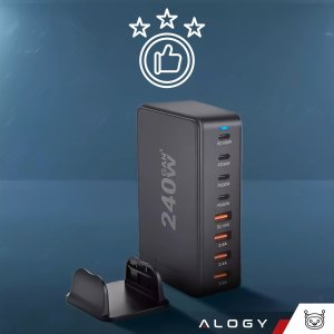 Ładowarka sieciowa 8w1 Ultra Szybka 240W GaN3 4x USB-C 4x USB Alogy Fast Charger Czarna 9