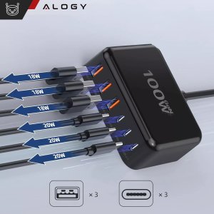 Ładowarka sieciowa 6w1 Super Szybkie Ładowanie 100W GaN 3x USB 3x USB-C Alogy Super Quick Charger Czarna 11