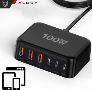 Ładowarka sieciowa 6w1 Super Szybkie Ładowanie 100W GaN 3x USB 3x USB-C Alogy Super Quick Charger Czarna 14