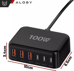 Ładowarka sieciowa 6w1 Super Szybkie Ładowanie 100W GaN 3x USB 3x USB-C Alogy Super Quick Charger Czarna 3