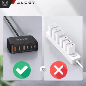 Ładowarka sieciowa 6w1 Super Szybkie Ładowanie 100W GaN 3x USB 3x USB-C Alogy Super Quick Charger Czarna 8