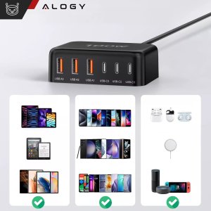 Ładowarka sieciowa 6w1 Super Szybkie Ładowanie 100W GaN 3x USB 3x USB-C Alogy Super Quick Charger Czarna 10
