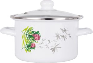 Garnek emaliowany prosty 2 L z pokrywką szklaną 16 cm biały w kwiaty Protea Florentyna gaz indukcja 1