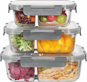 Pojemniki szklane z przegrodą dwukomorowe GierekHoff Split zestaw 3 pojemników 570/980/1360 ml lunchbox hermetyczne GH 1105 1