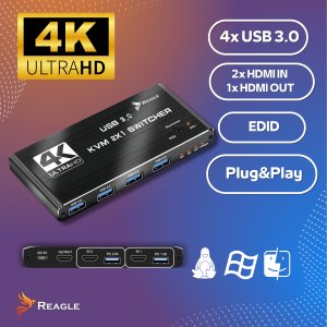 SWITCH HDMI PRZEŁĄCZNIK KVM 4K 60Hz 2X1 HDMI 2.0 4x USB 3.0 HDCP 2.2 REAGLE 2