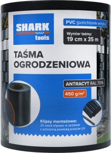Taśma ogrodzeniowa 19cm x 35m Shark Tools + 20 sztuk klipsów - antracytowa 1