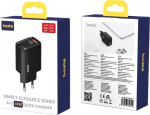 Boste Simply Elegance Series | Szybka ładowarka sieciowa, USB-A + USB typ C, 33W, PD, QC, Czarny 9